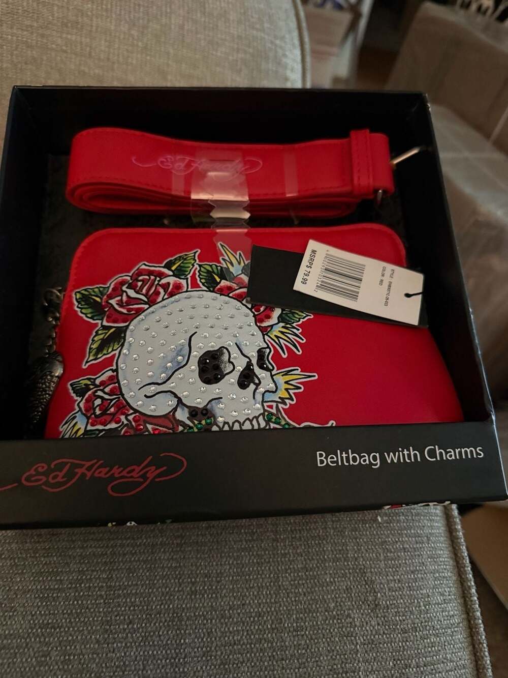 Ed Hardy Beltbag with Charms, Skull and Roses Print, Red